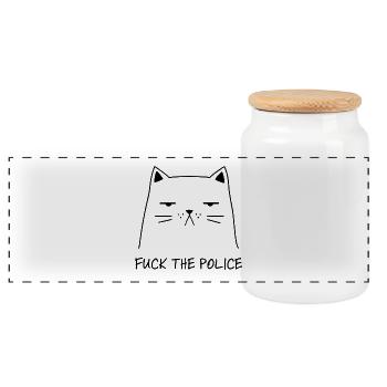 Fuck the Police funny cat against the system - Panoramic Cookie Jar with Wooden Lid - white - Front