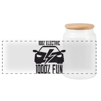 100% Electric 1000% Fun - for electric car fans - Panoramic Cookie Jar with Wooden Lid - white - Front