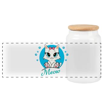 Niedliche Katze und ihre blauen Blasen - Panorama Keksdose mit Holzdeckel - Weiß - Vorne