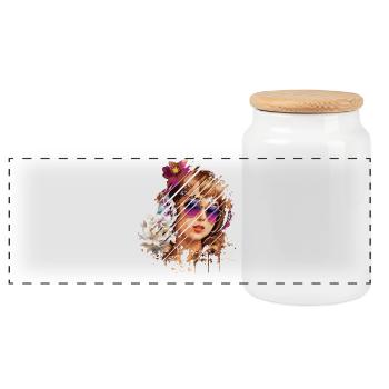 Retro Woman Flowers and Purple Glasses - Panoramic Cookie Jar with Wooden Lid - white - Front