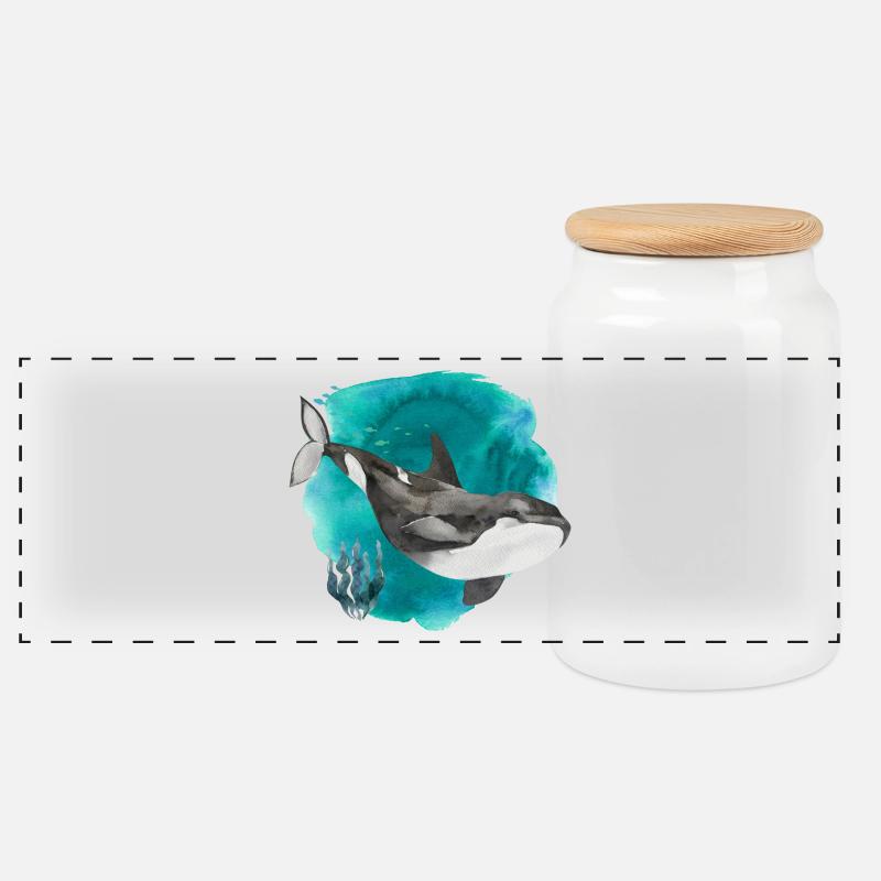 Orca Aquarell – Tiefer Ozean Kunstdruck - Panorama Keksdose mit Holzdeckel - Weiß
