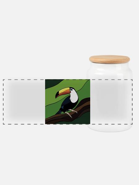 Vogel mit farbigem Schnabel auf Blätterzweig - Panorama Keksdose mit Holzdeckel - Weiß
