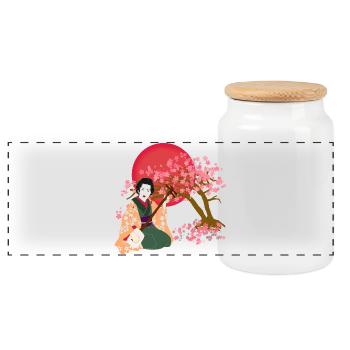 Japanese woman play Shamisen - Panoramic Cookie Jar with Wooden Lid - white - Front
