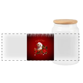 Funny puppy with candle light - Panoramic Cookie Jar with Wooden Lid - white - Front