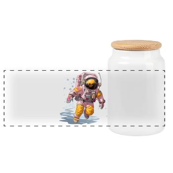 Pink Spacewalker im Gelb-Orangenanzug - Panorama Keksdose mit Holzdeckel - Weiß - Vorne