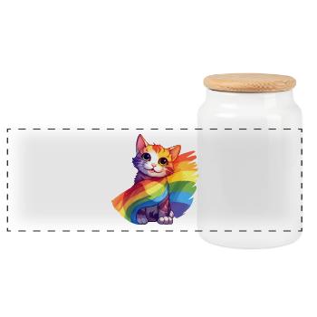Pride Cat – Colorful Rainbow Cat with Flag - Panoramic Cookie Jar with Wooden Lid - white - Front