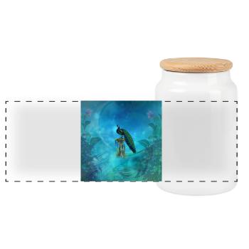 The unique beauty of the fascinating peacock. - Panoramic Cookie Jar with Wooden Lid - white - Front