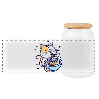 Cat Ramen Anime Japanese Cartoon Manga - Panoramic Cookie Jar with Wooden Lid - white - Front