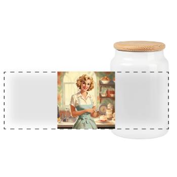 Vintage Hausfrau 50er Jahre - Retro Küche & Backen - Panorama Keksdose mit Holzdeckel - Weiß - Vorne