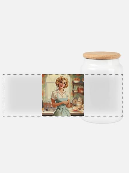 Vintage Hausfrau 50er Jahre - Retro Küche & Backen - Panorama Keksdose mit Holzdeckel - Weiß
