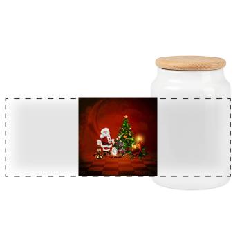 Le Père Noël avec hérisson et chien apporte le bonheur - Boîte à biscuits avec couvercle en bois - blanc - Devant