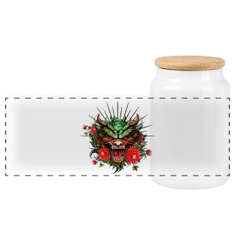 Wunderschöner bunter Drachenkopf mit Blumen. - Panorama Keksdose mit Holzdeckel - Weiß - Vorne