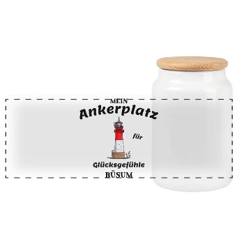 Büsum, Leuchtturm, Ankerplatz für Glücksgefühle - Panorama Keksdose mit Holzdeckel - Weiß - Vorne