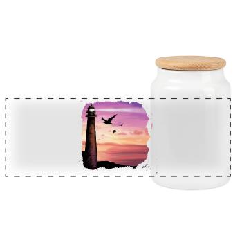 Sunset Lighthouse Ocean Art - Panoramic Cookie Jar with Wooden Lid - white - Front