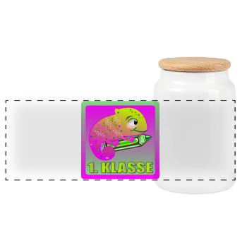 PINKE AMPHIBIE CHAMÄLEON GECKO 1. KLASSE - Panorama Keksdose mit Holzdeckel - Weiß - Vorne
