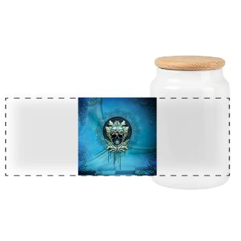 Eleganter blauer dekorativer Totenkopf mit Blättern. - Panorama Keksdose mit Holzdeckel - Weiß - Vorne