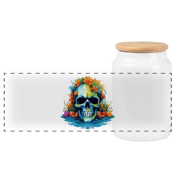 Tropischer Blüten-Totenkopf - Panorama Keksdose mit Holzdeckel - Weiß - Vorne