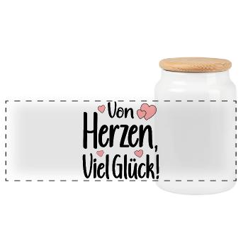 GLÜCKWUNSCH Von Herzen - VIEL GLÜCK SPRÜCHE - Panorama Keksdose mit Holzdeckel - Weiß - Vorne