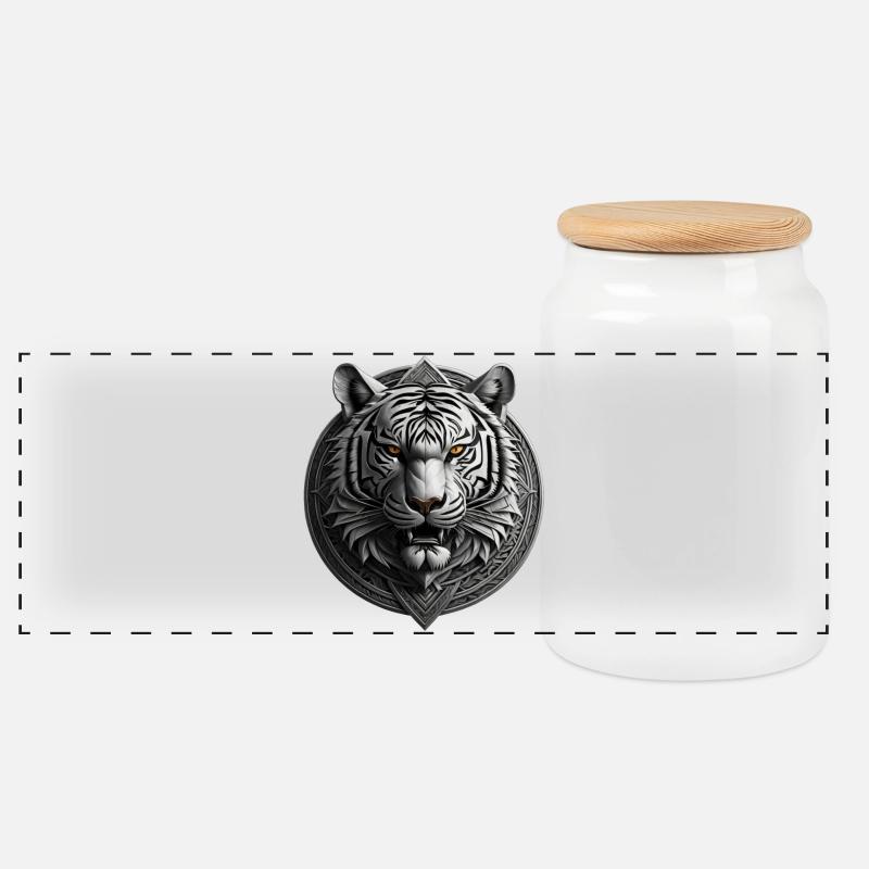 Weißer Tiger Medaillon Emblem - Panorama Keksdose mit Holzdeckel - Weiß