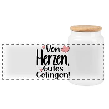 VON HERZEN - GUTES GELINGEN SPRÜCHE - Panorama Keksdose mit Holzdeckel - Weiß - Vorne