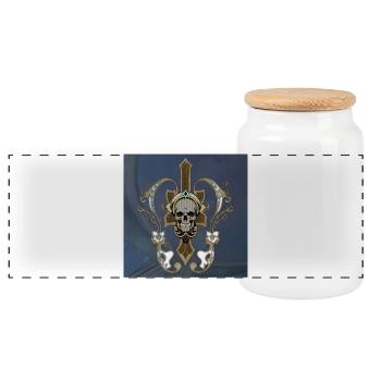 Erstaunlicher goldener Totenkopf mit Blumen. - Panorama Keksdose mit Holzdeckel - Weiß - Vorne