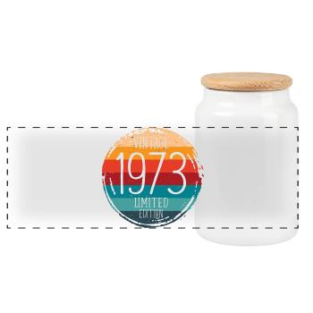Vintage 1973 Birthday Party Gift Idea - Panoramic Cookie Jar with Wooden Lid - white - Front