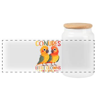 Parakeets little clowns with wings Conure Design - Panoramic Cookie Jar with Wooden Lid - white - Front