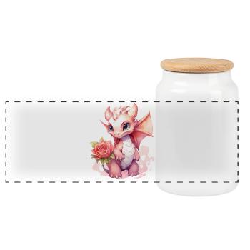 Cute dragon in pastel colors with rose - Panoramic Cookie Jar with Wooden Lid - white - Front