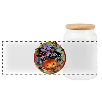 Halloween Kürbis mit Hexe,Katze,Fledermaus & Eule - Panorama Keksdose mit Holzdeckel - Weiß - Vorne