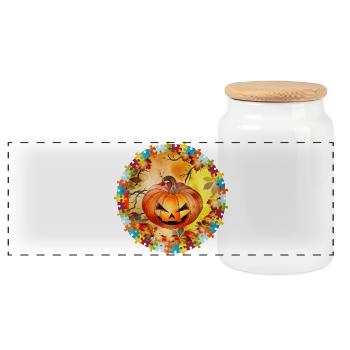 funny Halloween pumpkin in an autumnal ambience - Panoramic Cookie Jar with Wooden Lid - white - Front