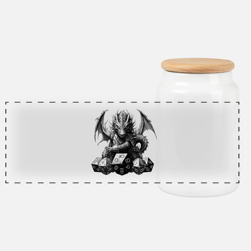 Schwarzer Fantasy Drache W20 RPG Shirt - Panorama Keksdose mit Holzdeckel - Weiß
