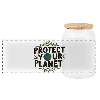 Eco-friendly design: 'Protect your planet' - Panoramic Cookie Jar with Wooden Lid - white - Front