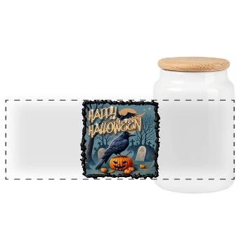 Krähe über Kürbis – Gruseliges Halloween-Feeling - Panorama Keksdose mit Holzdeckel - Weiß - Vorne
