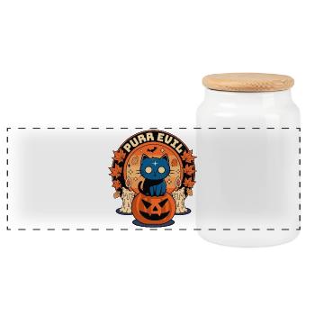 Purr Evil Funny Halloween Cat - Panoramic Cookie Jar with Wooden Lid - white - Front