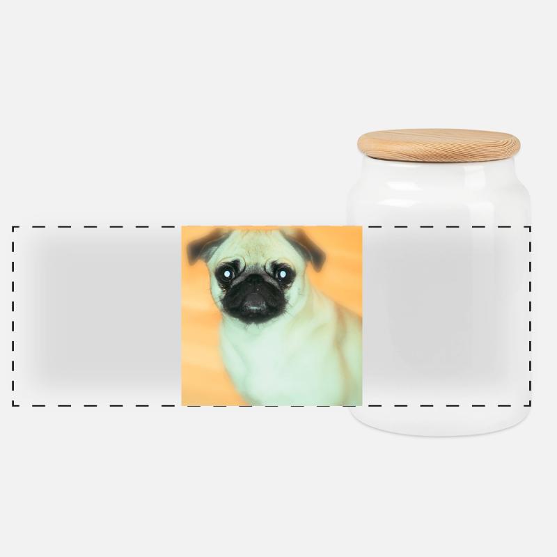 Cute Pug with Big Eyes - Panoramic Cookie Jar with Wooden Lid - white