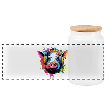 Pig With Headphones Animals Pigs - Panoramic Cookie Jar with Wooden Lid - white - Front