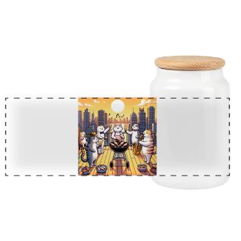 Cat Barbecue - Panoramic Cookie Jar with Wooden Lid - white - Front