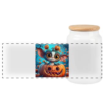 Little Halloween Creature in Pumpkin - Panoramic Cookie Jar with Wooden Lid - white - Front