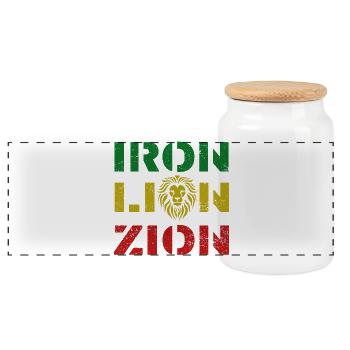 iron lion zion, rasta colours - Panoramic Cookie Jar with Wooden Lid - white - Front