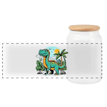 Dessin animé dinosaure avec coucher de soleil dans la jungle - Boîte à biscuits avec couvercle en bois - blanc - Devant