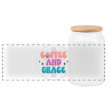 Kaffee und Gnade Motiv Design - Panorama Keksdose mit Holzdeckel - Weiß - Vorne