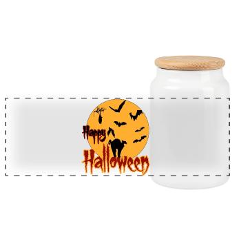 happy halloween moon cat - Panoramic Cookie Jar with Wooden Lid - white - Front