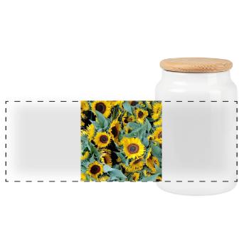 Sunflower field in yellow tone - Panoramic Cookie Jar with Wooden Lid - white - Front