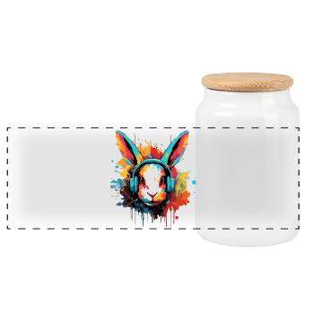 Hase mit Kopfhörer Musik Hasen Feldhase Zwerghase - Panorama Keksdose mit Holzdeckel - Weiß - Vorne