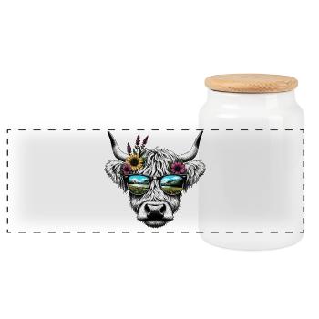 cow country life alpine pasture hiking illustration cattle drive - Panoramic Cookie Jar with Wooden Lid - white - Front