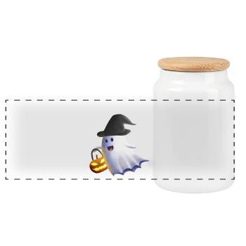 Ghost with Witch Hat and Jack-o'-Lantern - Panoramic Cookie Jar with Wooden Lid - white - Front