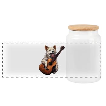 Dog with Guitar Music Guitarist Dogs - Panoramic Cookie Jar with Wooden Lid - white - Front