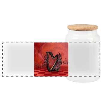 Wonderful harp with colorful flowers. - Panoramic Cookie Jar with Wooden Lid - white - Front