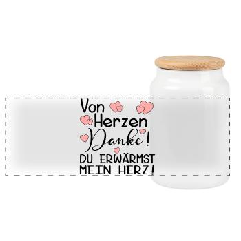 DU ERWÄRMST MEIN HERZ - DANKE - Panorama Keksdose mit Holzdeckel - Weiß - Vorne