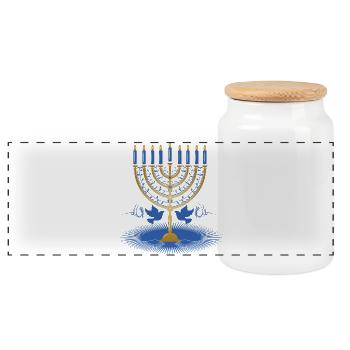 gold-colored Hanukkah candlestick with two doves - Panoramic Cookie Jar with Wooden Lid - white - Front
